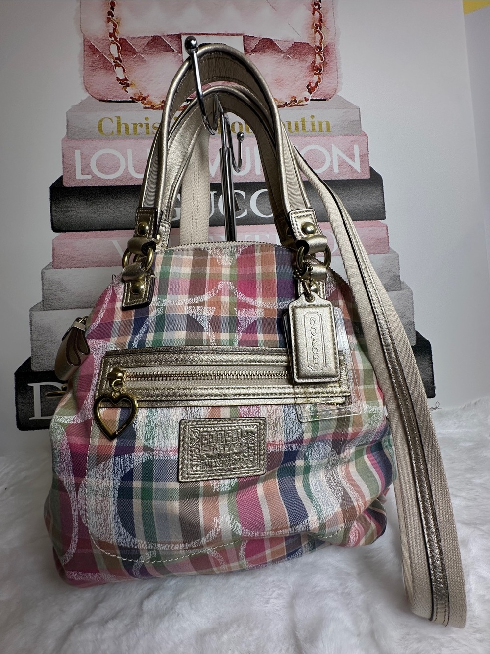 Coach Poppy Madras Multicolor Plaid Dome Satchel with Gold Hardware Pristine